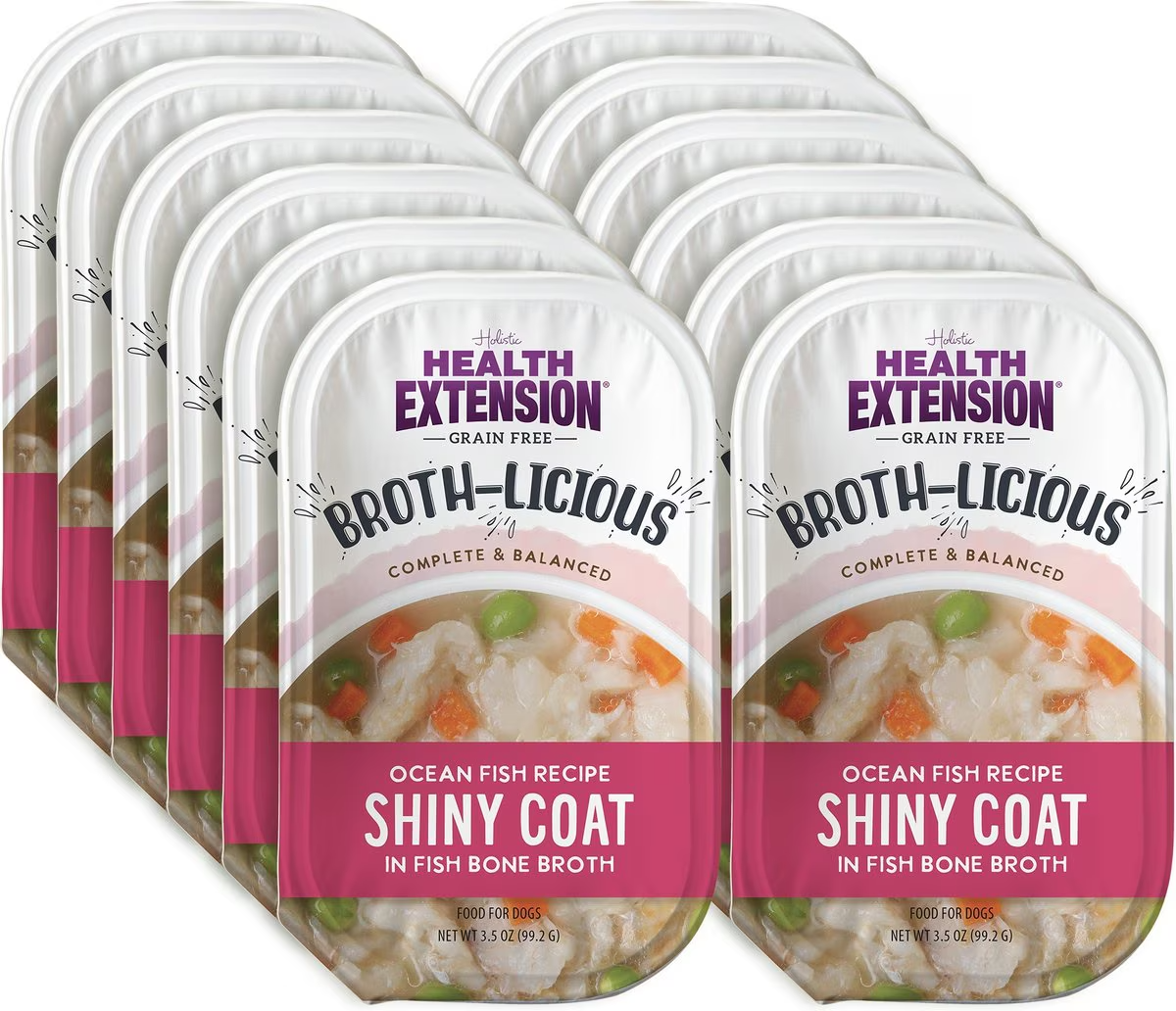 Health Extension Broth-Licious Shiny Coat Grain-Free Ocean Fish in Fish Bone Broth Wet Dog Food, 3.5-oz tray