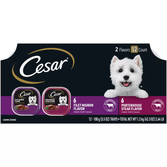 CESAR Adult Wet Dog Food Classic Loaf in Sauce Filet Mignon and Porterhouse Steak Flavors Variety Pack,(12) 3.5 oz. Easy Peel Trays