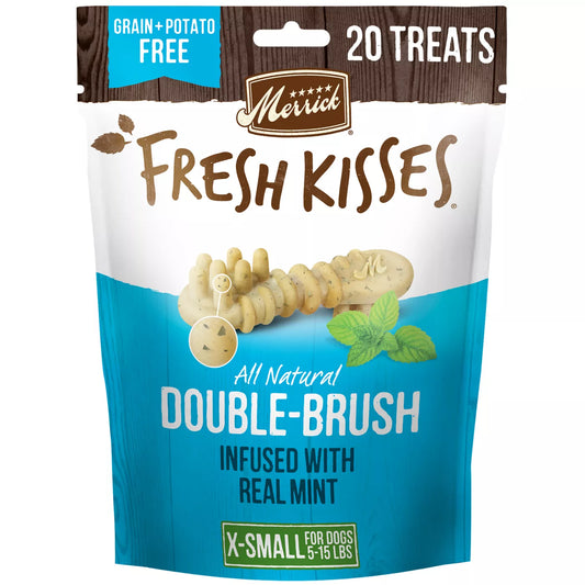 Merrick Fresh Kisses Natural Dental Chews Toothbrush Treat Shape Infused With Real Mint For Tiny Dogs 5-15 Lbs - 20 ct. Bag