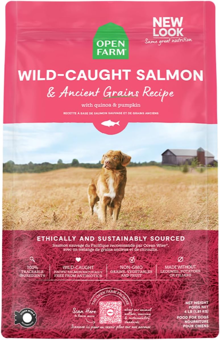 Open Farm Ancient Grains Dry Dog Food, Humanely Raised Meat Recipe with Wholesome Grains and No Artificial Flavors or Preservatives (Wild Salmon Ancient Grain, 4 Pound