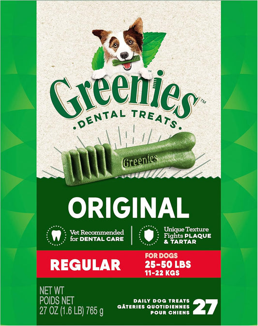 Greenies Original Regular Natural Dog Dental Care Chews Oral Health Dog Treats, 27 oz. Pack (27 Treats)