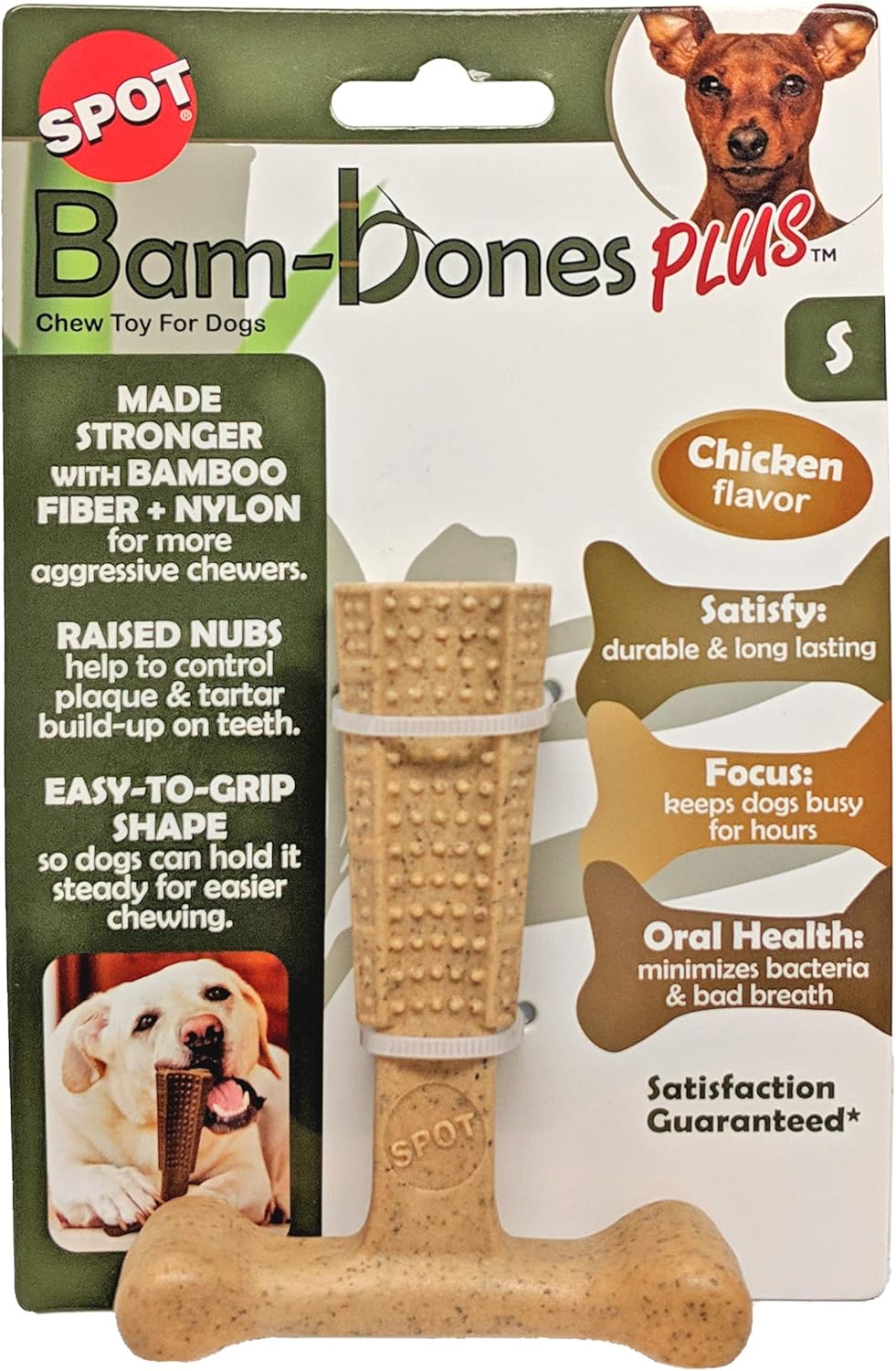 SPOT Bam-Bones Plus T Bone - Bamboo Fiber & Nylon, Durable Long Lasting Dog Chew for Aggressive Chewers – Great Toy forAdult Dogs & Teething Puppies Under 30lbs, Non-Splintering, 4in, Chicken Flavor