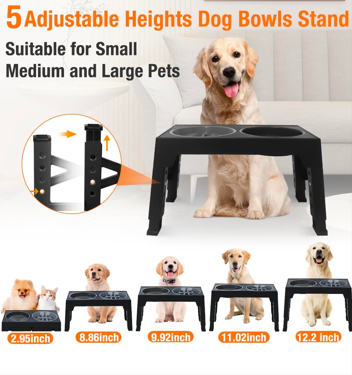 Elevated Dog Bowls of 5 Height Adjustable, HenFit Slow Feeder Dog Bowls with No Spill Dog Water Bowl, Non-Slip Food and Water Bowls with Stand for Large Medium Small Dogs, Cats and Pets (sorted colors)