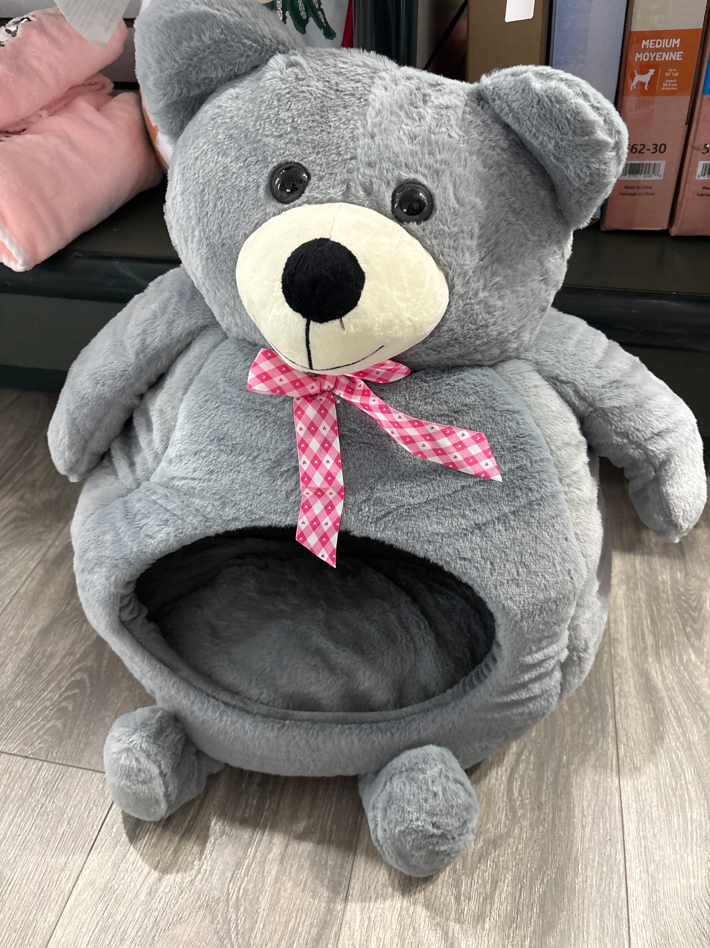 Indoor Dog Bed Cave with Removable Cushion,Cute Pet Plush Warm Tent House,Washable Dog Bed,Cartoon Bear Design Pet Sleeping Bed for Small Middle Cats and Dogs (S, Grey)