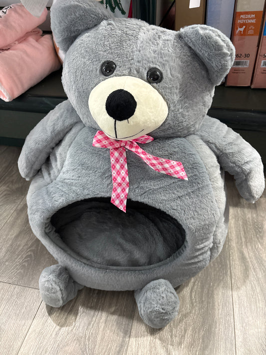 Indoor Dog Bed Cave with Removable Cushion,Cute Pet Plush Warm Tent House,Washable Dog Bed,Cartoon Bear Design Pet Sleeping Bed for Small Middle Cats and Dogs (S, Grey)