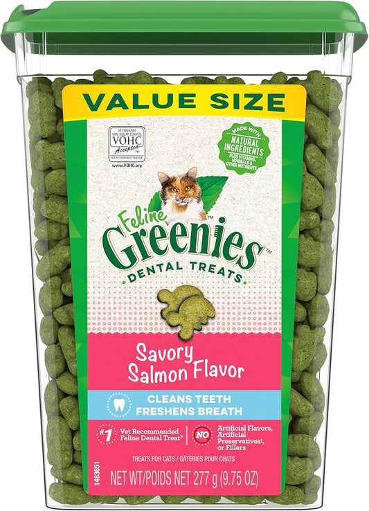 FELINE GREENIES Adult Dental Cat Treats, Savory Salmon Flavor Christmas Cat Treats, 9.75 oz. Tub