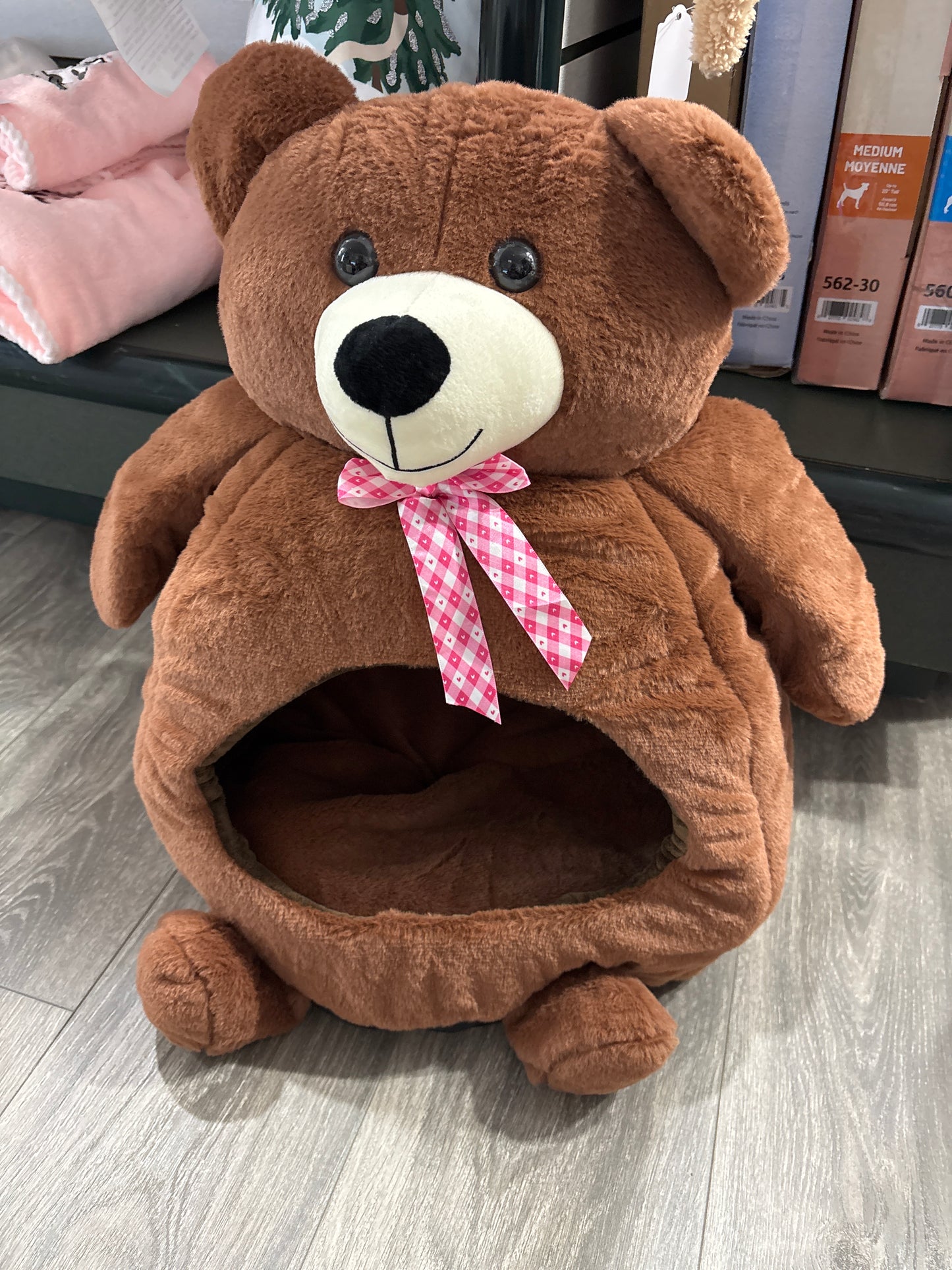 Indoor Dog Bed Cave with Removable Cushion,Cute Pet Plush Warm Tent House,Washable Dog Bed,Cartoon Bear Design Pet Sleeping Bed for Small Middle Cats and Dogs (S, Brown)
