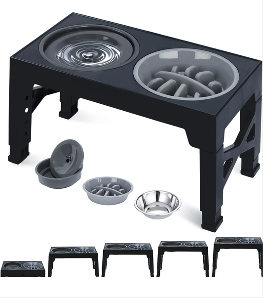 Elevated Dog Bowls of 5 Height Adjustable, HenFit Slow Feeder Dog Bowls with No Spill Dog Water Bowl, Non-Slip Food and Water Bowls with Stand for Large Medium Small Dogs, Cats and Pets (sorted colors)