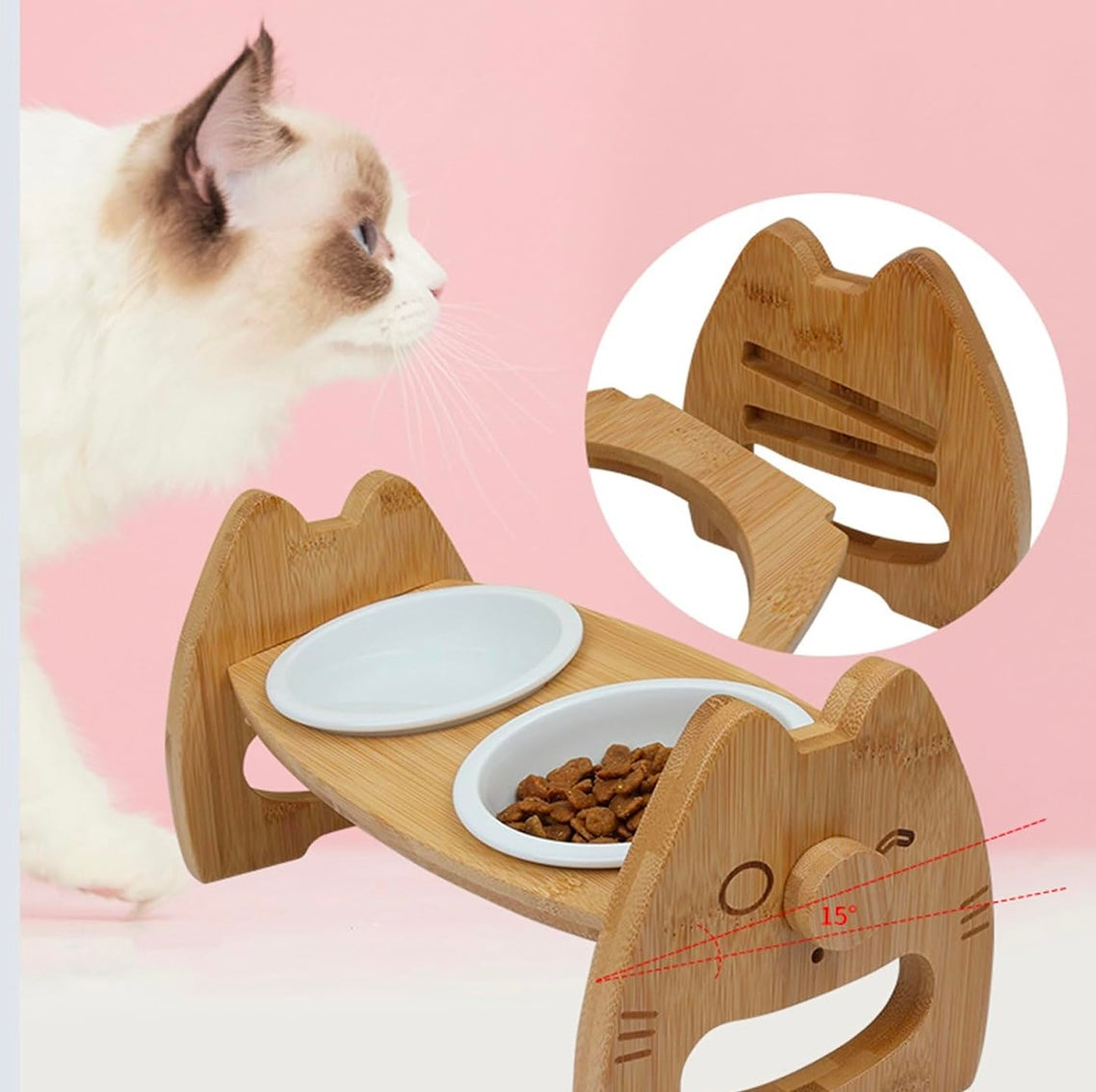 Adjustable Raised Dog Bowls, Bamboo Elevated Feeder Stand for Food and Water, Wooden Pet Dining Table Comfort Feeding Station for Small, Medium Pets