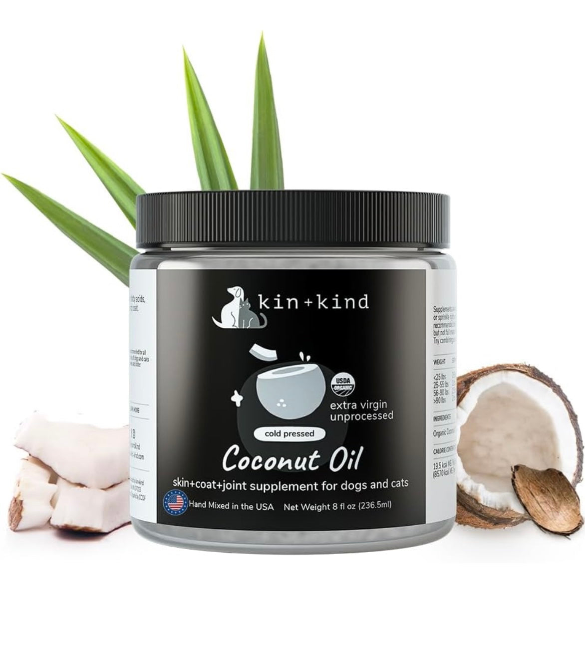 Kin + Kind Organic Coconut Oil Pet Supplement for Dogs and Cats - Itchy Skin, Dry Cracked Noses & Dry Skin Treatment - Made in USA