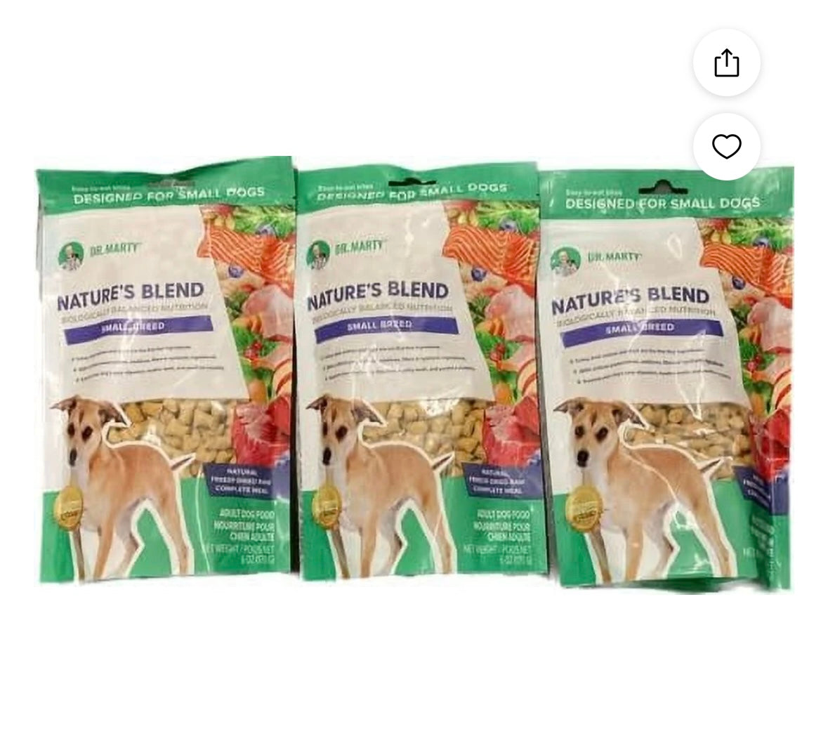 Dr. Marty Nature's Blend Adult Small Breed Freeze-Dried Raw Dog Food 18 oz, (3 bags x 6 oz)