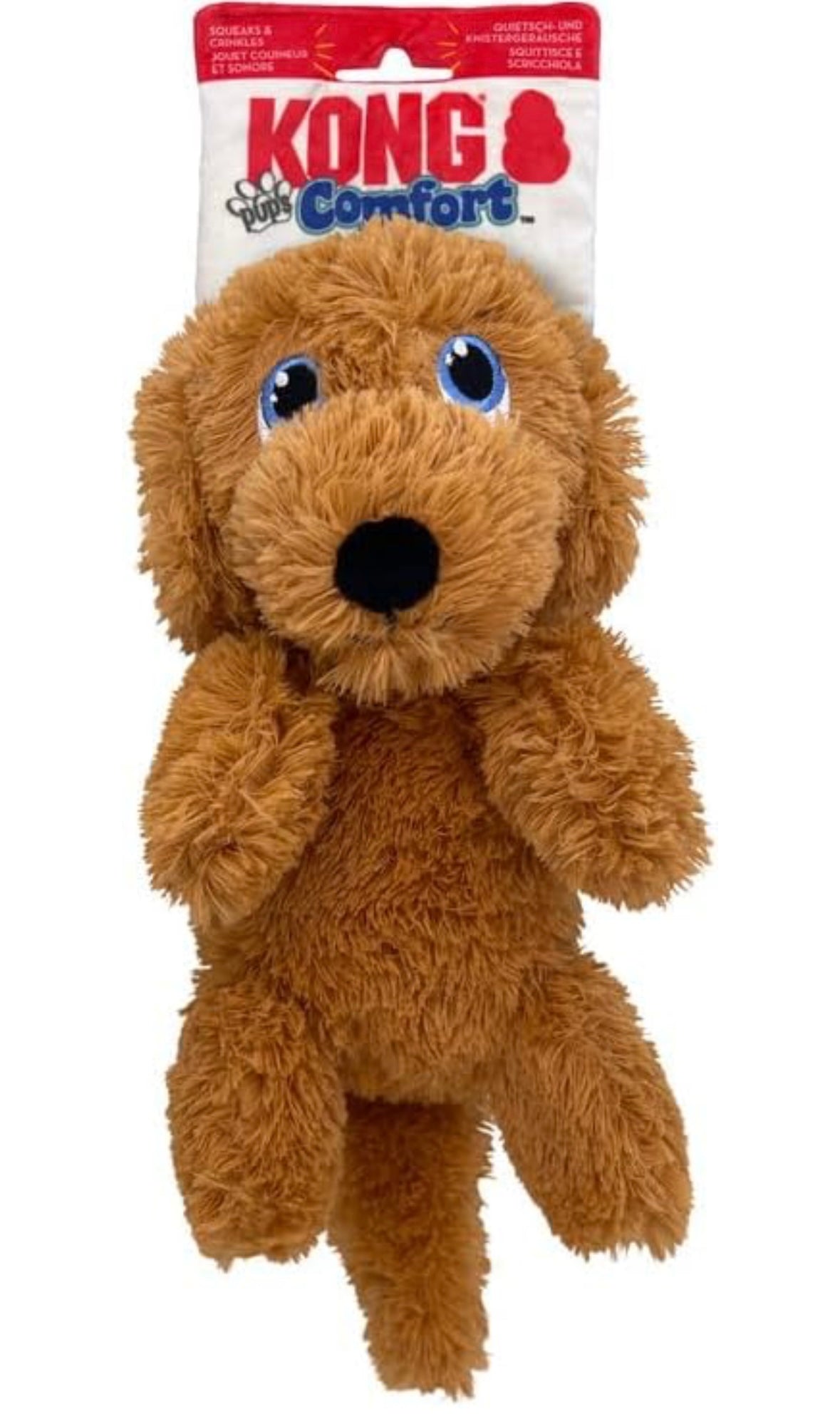 KONG Comfort Pups Low Stuffing Plush Fur and Crinkly Noise with Squeaker (Medium, Goldie)