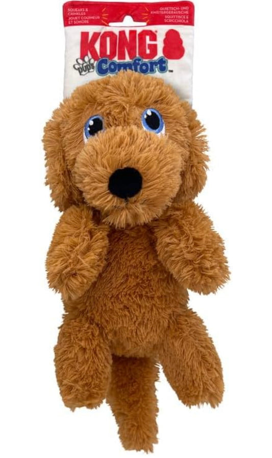KONG Comfort Pups Low Stuffing Plush Fur and Crinkly Noise with Squeaker (Medium, Goldie)