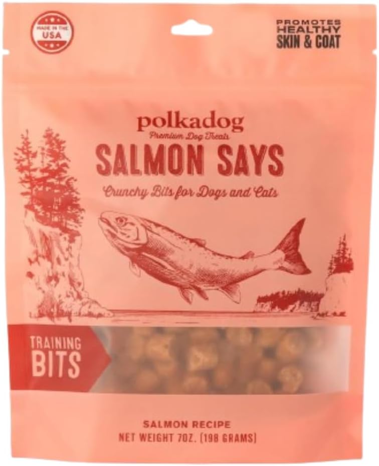 Polkadog Salmon Says Training Bits - Omega-3 Rich, Low Fat Healthy Dog Treat - Digestible, Vitamin & Mineral Packed Dog Snacks - Crunchy 3-Ingredient Treat, Ideal for Dogs with Allergies - 7oz