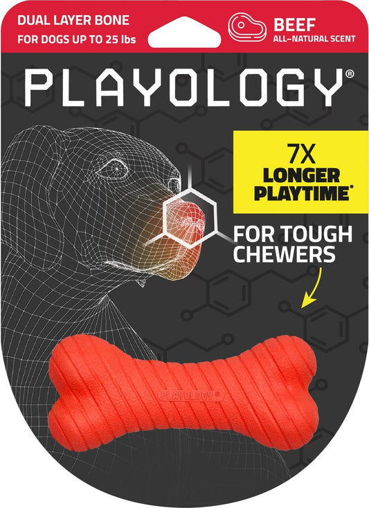 Playology Scented Dual Layer Bone Dog Toy, Small, Beef Scented