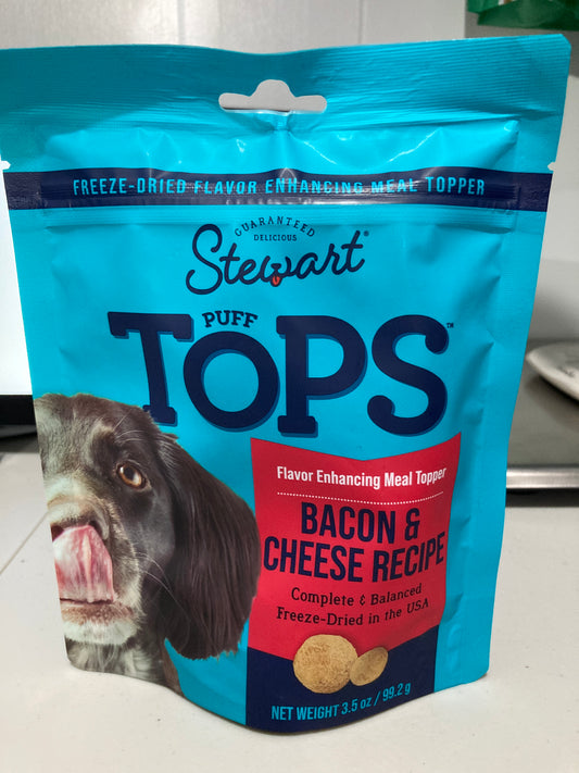 Stewart Freeze Dried Dog Food Topper, PuffTops, Bacon & Cheese, 3.5 Ounce Resealable Pouch, Flavor Enhancing Meal Topper or Dog Treat, Made in USA