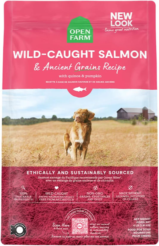 Open Farm Ancient Grains Dry Dog Food, Humanely Raised Meat Recipe with Wholesome Grains and No Artificial Flavors or Preservatives (Wild Salmon Ancient Grain, 4 Pound
