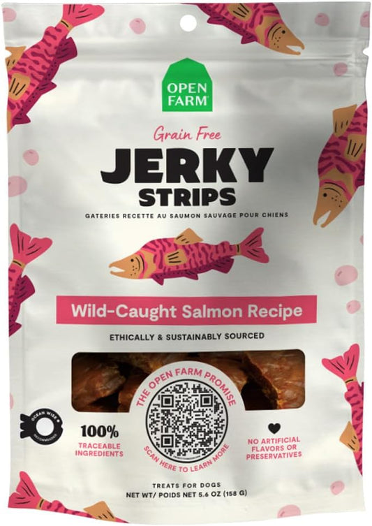 Open Farm Dehydrated Grain-Free Dog Treats, Gently Cooked Recipe with Natural Simple Ingredients and No Artificial Flavors or Preservatives (1 Pack Salmon Jerky)