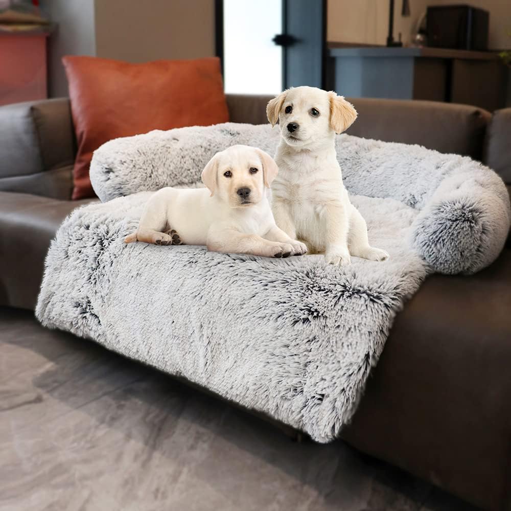 Tinaco Luxurious Calming Dogs/Cats Bed Mats, Washable Removable Couch Cover, Plush Long Fur Mat for Pets, (Gradient Gray, M)