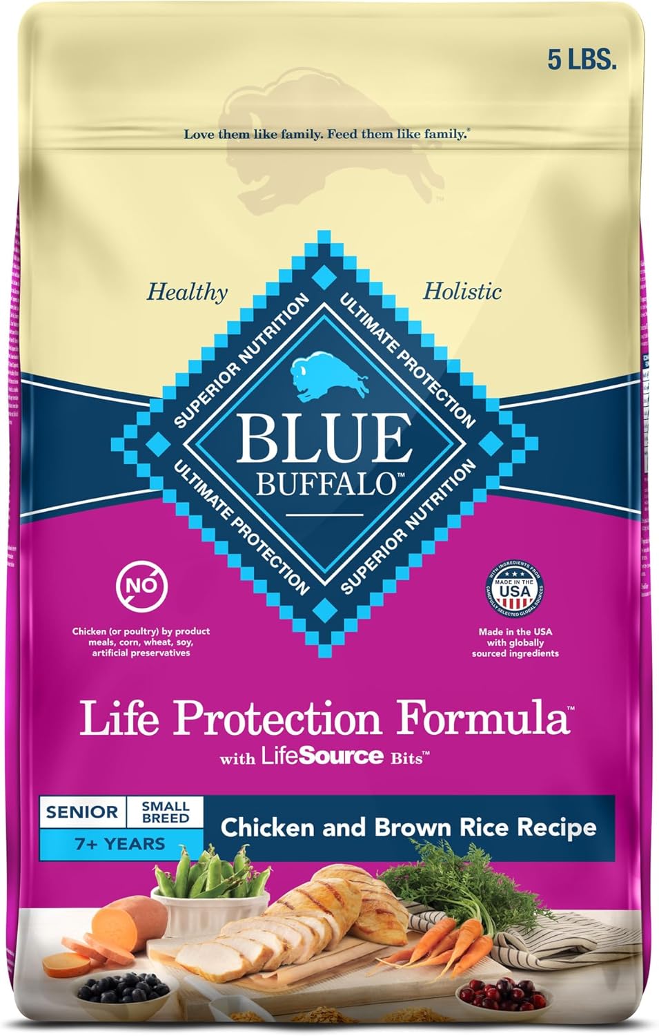 Blue Buffalo Life Protection Formula Small Breed Senior Dry Dog Food, Supports Joint Health and Immunity, Made with Natural Ingredients, Chicken & Brown Rice Recipe, 5-lb. Bag
