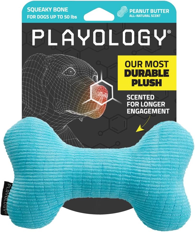 Playology Plush Squeaky Bone | Engaging All Natural Peanut Butter Scented Plush Dog Toy with Interactive Squeaker for Medium Dogs