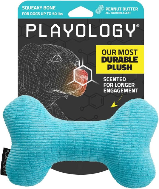 Playology Plush Squeaky Bone | Engaging All Natural Peanut Butter Scented Plush Dog Toy with Interactive Squeaker for Medium Dogs