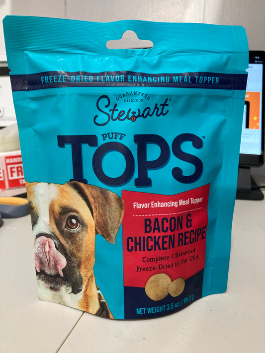 Stewart Freeze Dried Dog Food Topper, PuffTops, Bacon, Chicken, Apple & Kale, 3.5 Ounce Resealable Pouch, Flavor Enhancing Meal Topper or Dog Treat, Made in USA