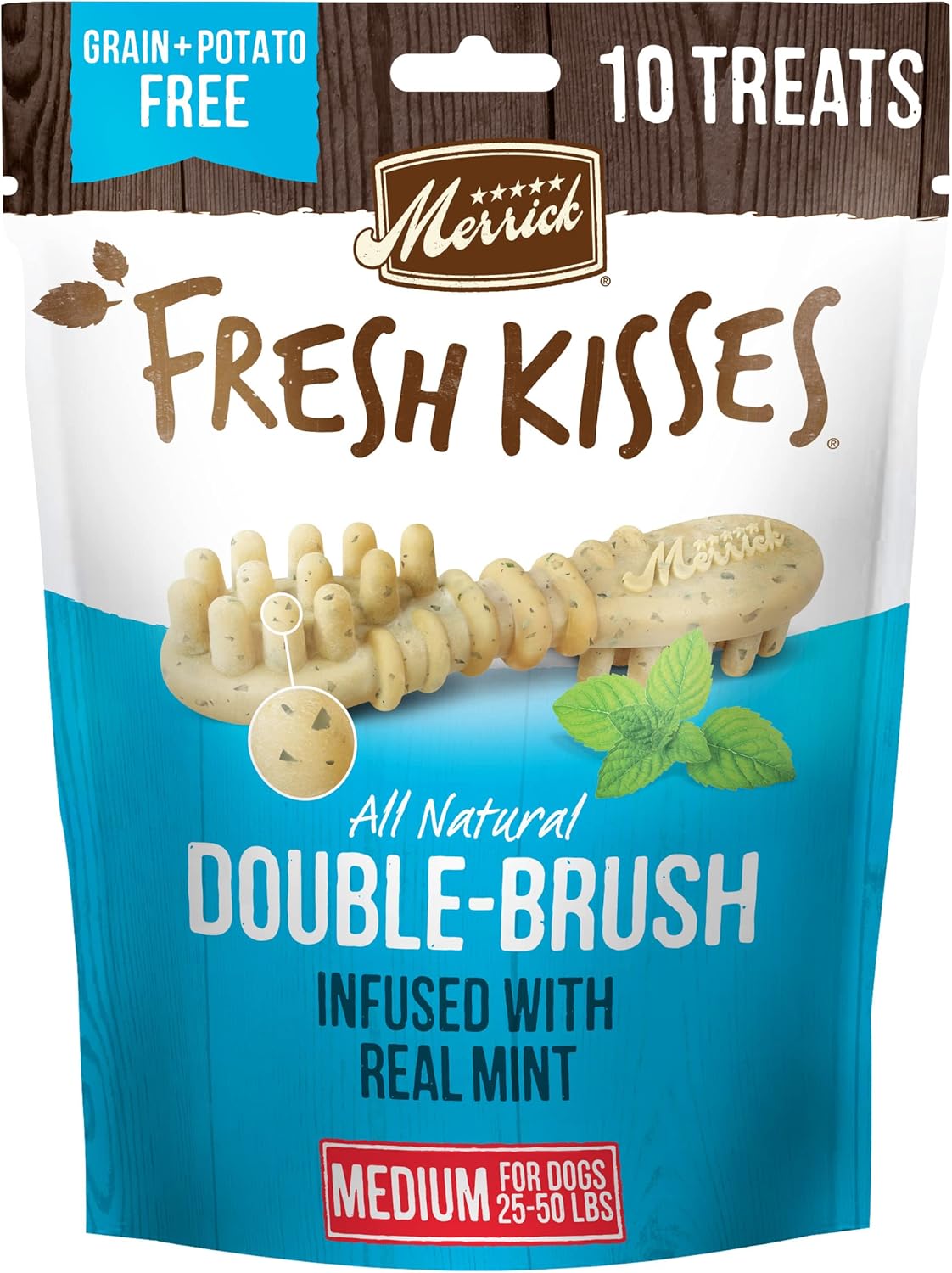 Merrick Fresh Kisses Natural Dental Chews Toothbrush Shape Treat Infused with Real Mint Medium Dogs - 10 Ct. Bag