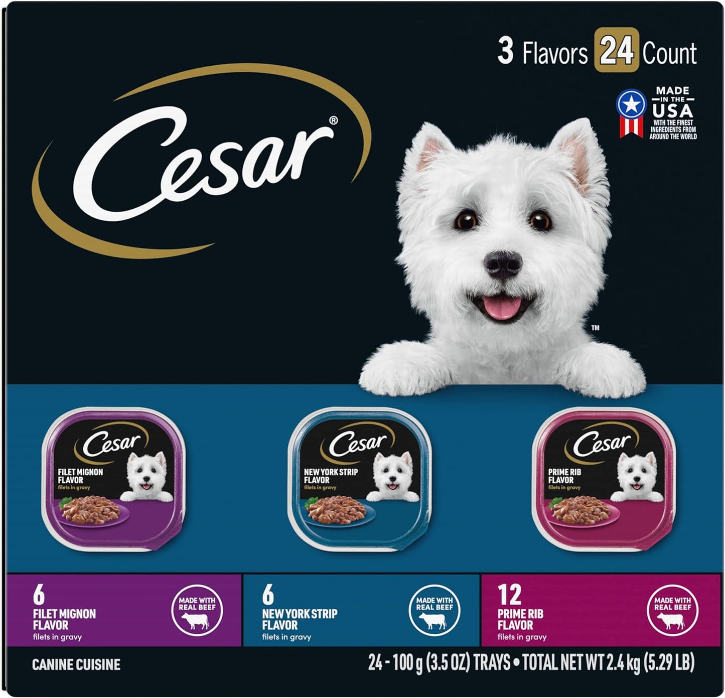 CESAR Filets in Gravy Adult Wet Dog Food, Filet Mignon, New York Strip and Prime Rib Flavors Variety Pack, 3.5 oz. Pack of 24