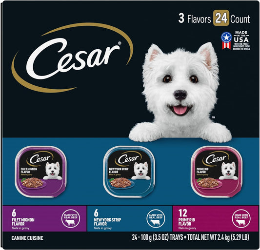 CESAR Filets in Gravy Adult Wet Dog Food, Filet Mignon, New York Strip and Prime Rib Flavors Variety Pack, 3.5 oz. Pack of 24
