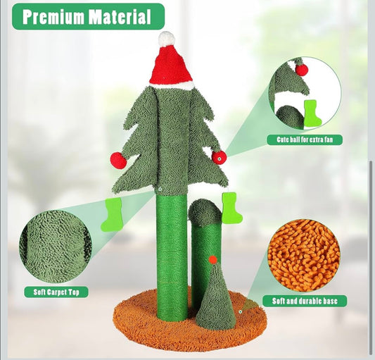 32” Cat Scratching Post, Tall Christmas Tree Cat Scratcher with 3 Posts and Cute Dangling Teaser Balls