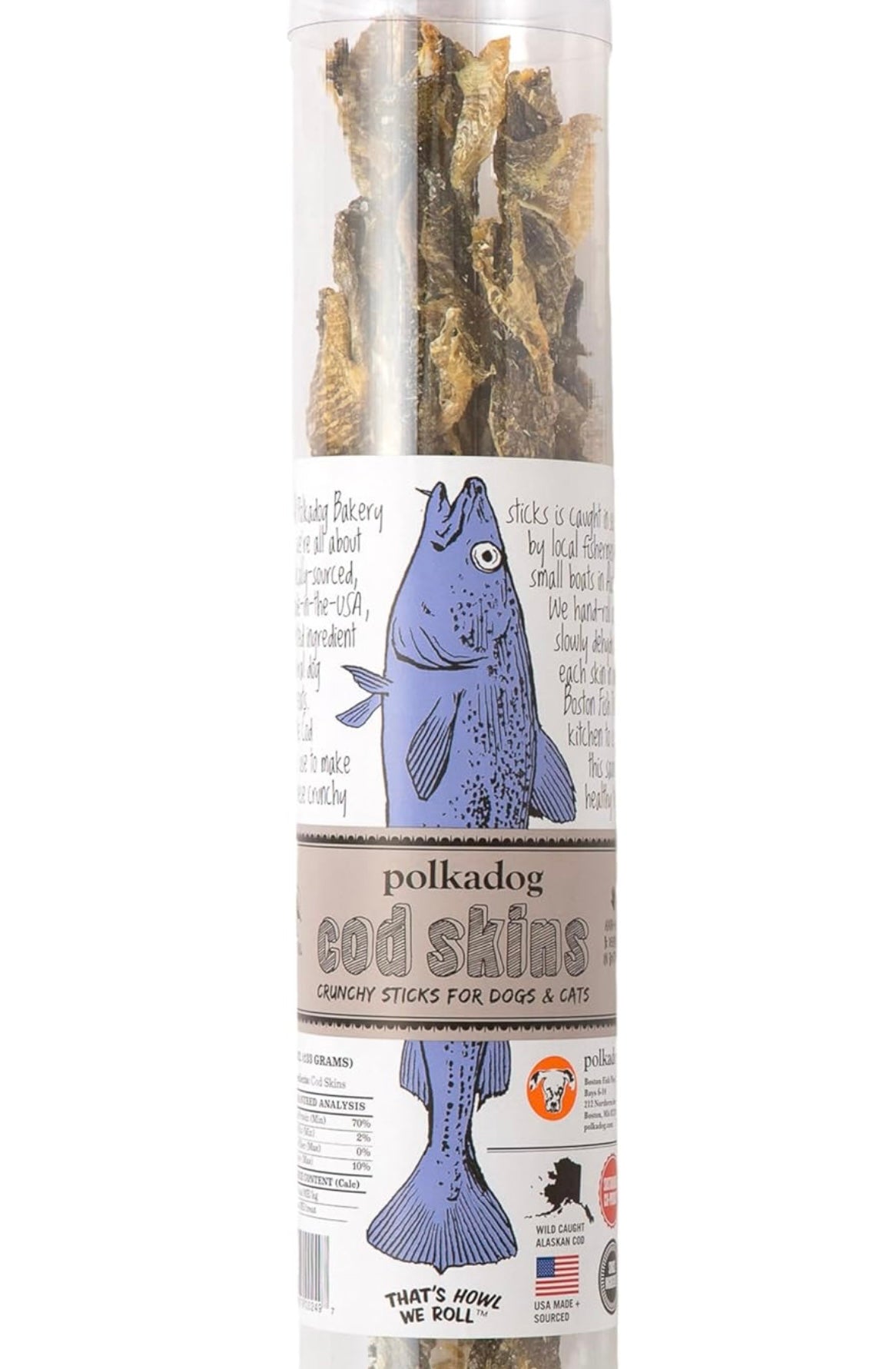Polkadog Cod Skins Dog Treat - Lean Protein, Made in USA, Single-Ingredient, Grain & Gluten Free, for All Breeds - Crunchy Fish Skin Treat for Teeth Health, 4.7oz Regular