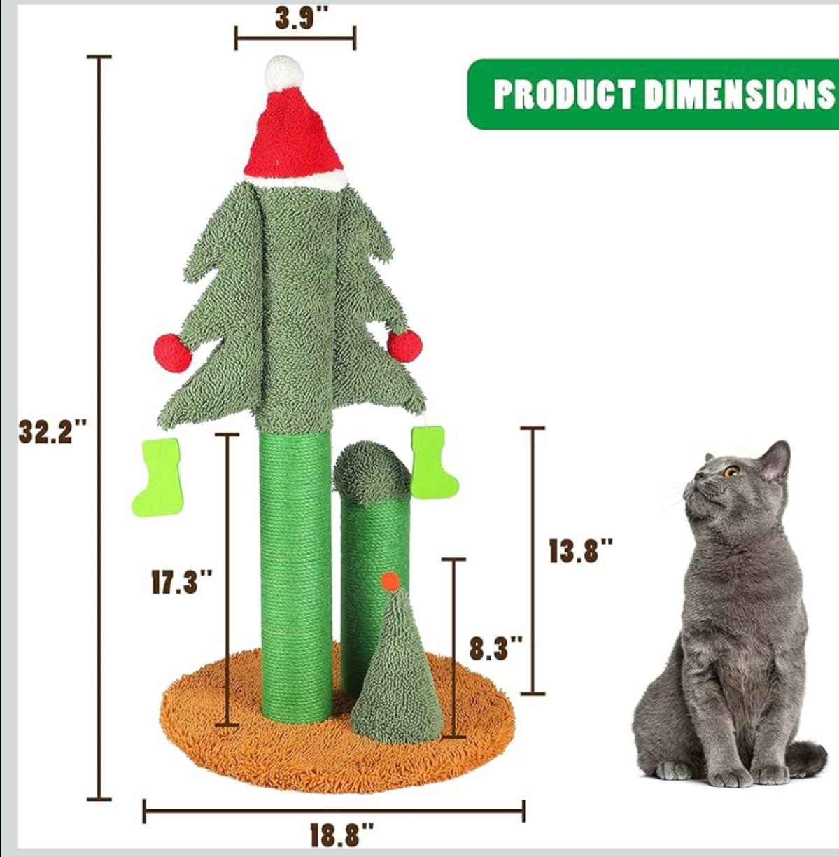32” Cat Scratching Post, Tall Christmas Tree Cat Scratcher with 3 Posts and Cute Dangling Teaser Balls