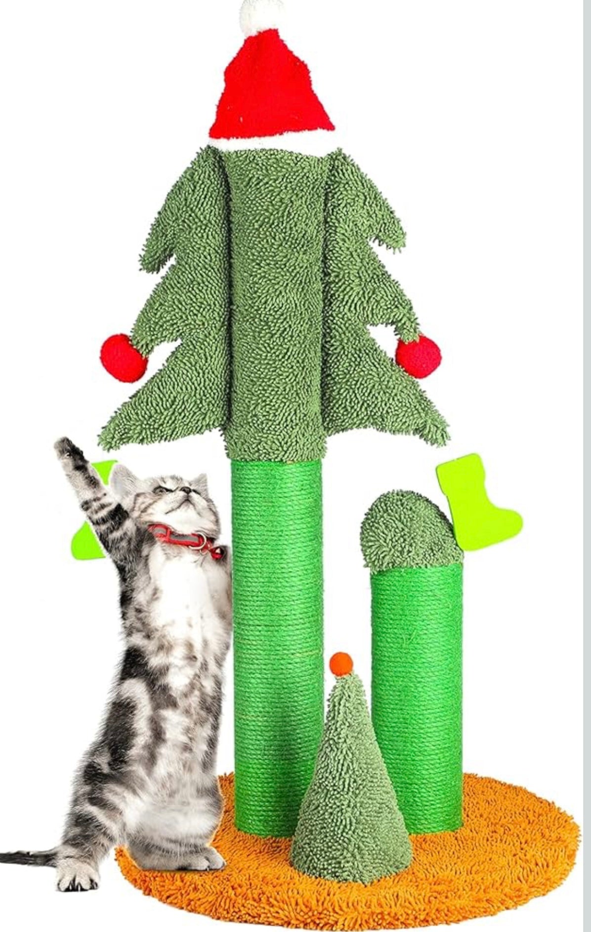 32” Cat Scratching Post, Tall Christmas Tree Cat Scratcher with 3 Posts and Cute Dangling Teaser Balls