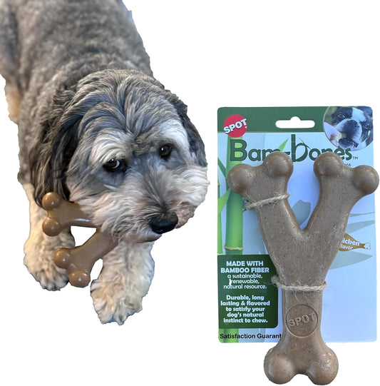 SPOT Bam-Bones Wishbone - Made with Strong Bamboo Fiber, Durable Long Lasting Dog Chew for Light to Moderate Chewers, Great Toy for Adult Dogs & Teething Puppies Under 50lbs, 7in, Chicken Flavor