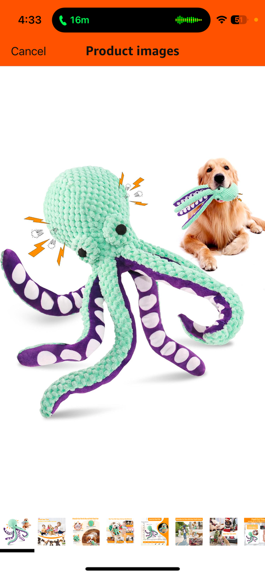 Squeaky Dog Toys for Large Dogs: Plush Dog Toys with Soft Fabric - Pet Toys for Small, Medium, and Large Dogs - Octopus